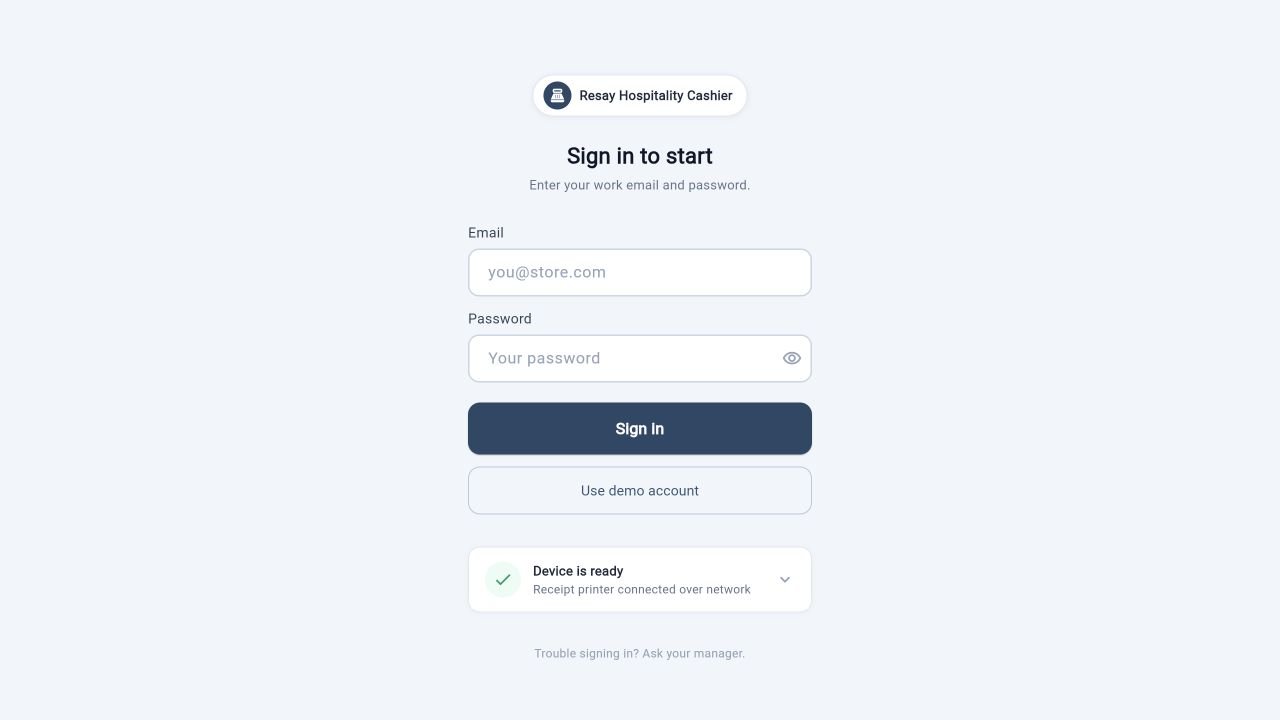 Actual Resay app screen: Start at the staff sign-in screen. The numbered instructions below explain the controls.