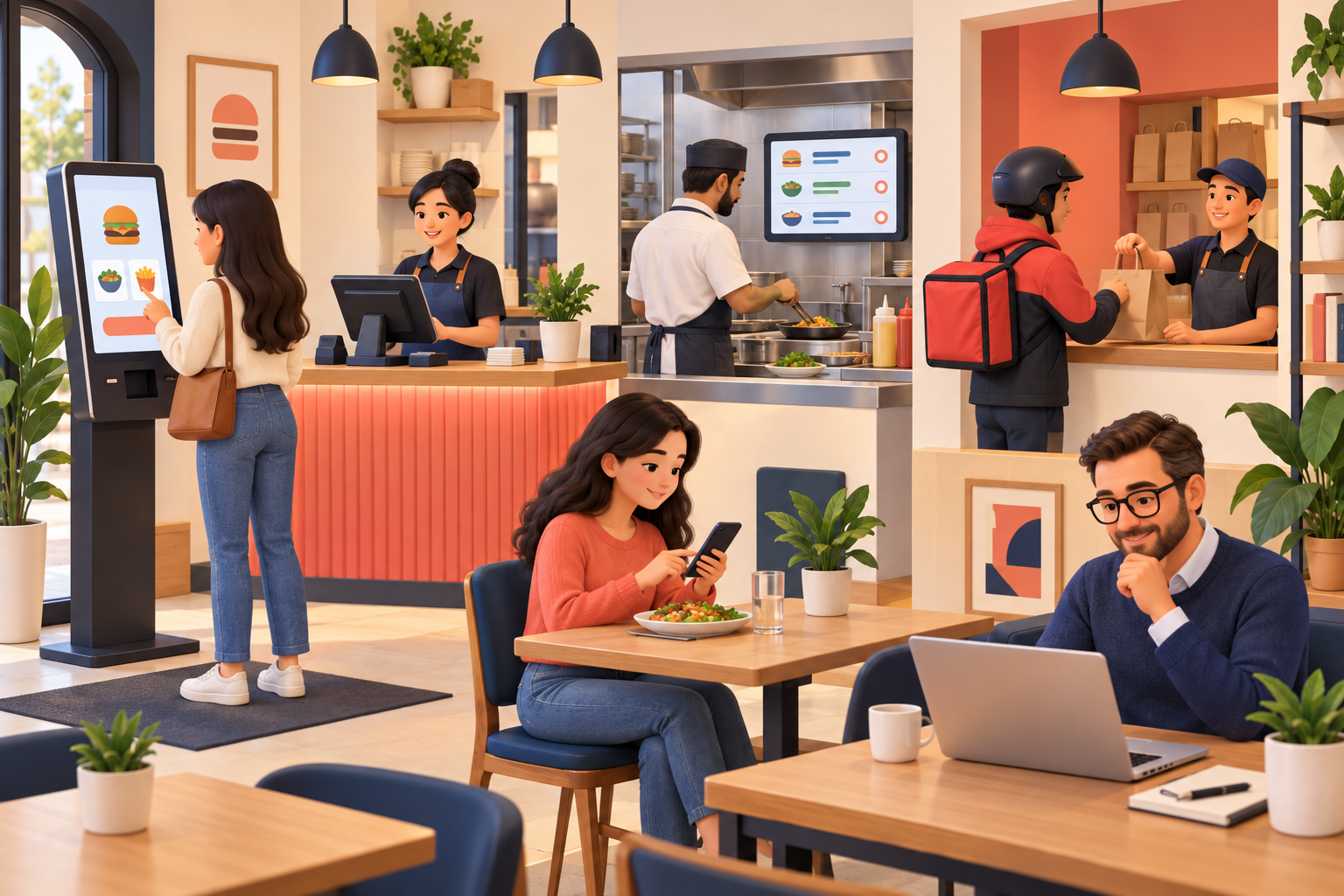 Concept illustration of guests, a cashier, a cook, a delivery rider, and a manager using connected restaurant devices